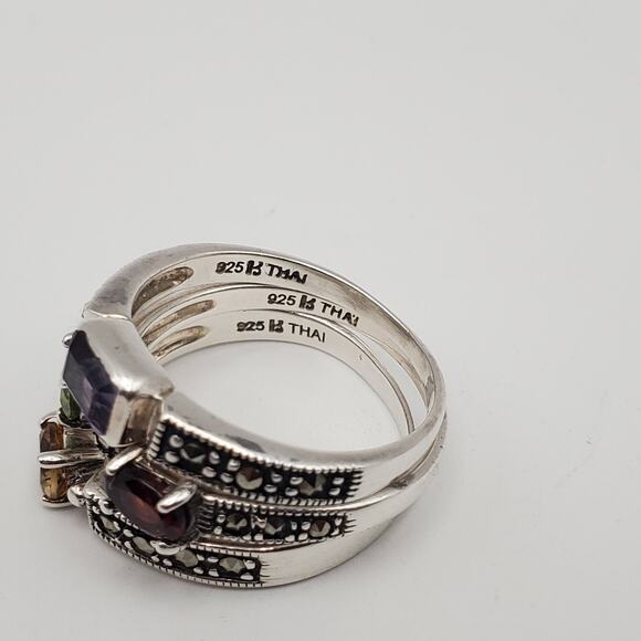 Sterling Silver 925 Marcasite & Gemstone Stack Rings (Set of 3) Size 10 - Picture 8 of 9